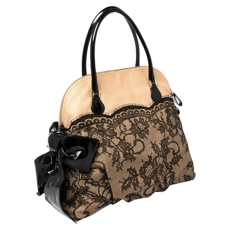 Valentino Black/Beige Lace And Straw Bow Dome Bag at 1stDibs