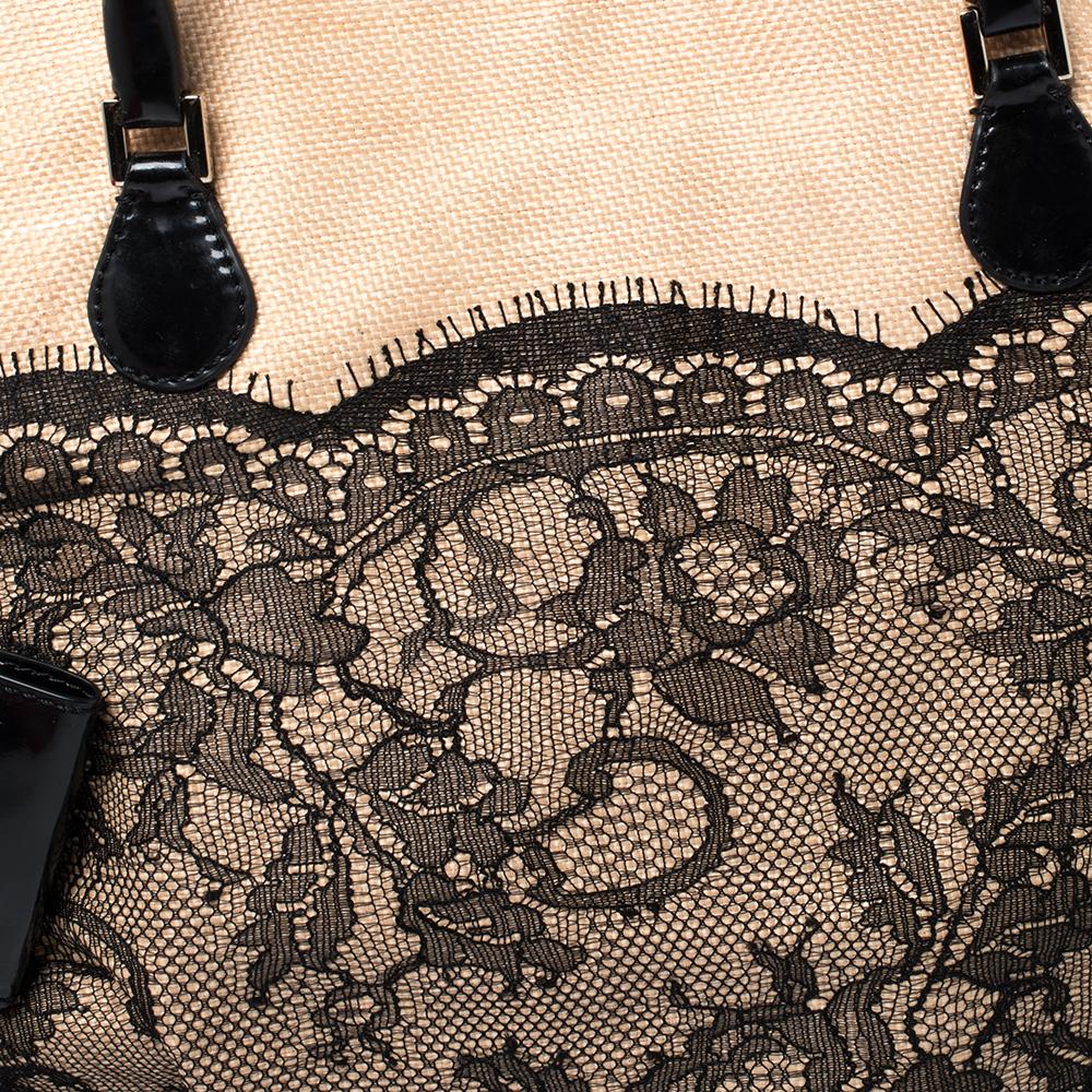 Valentino Black/Beige Lace And Straw Bow Dome Bag 1
