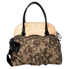Valentino Black/Beige Lace And Straw Bow Dome Bag