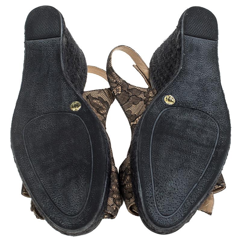 Women's Valentino Black/Beige Lace Bow Slingback Wedge Espadrille Sandals Size 39.5