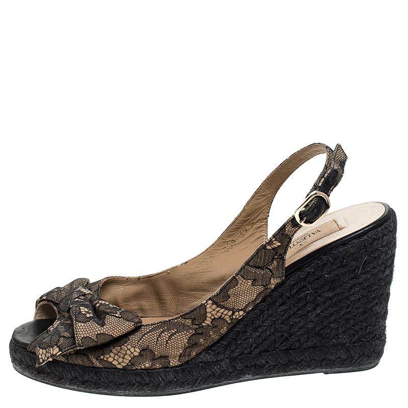 Valentino Black/Beige Lace Bow Slingback Wedge Espadrille Sandals Size 39.5 1