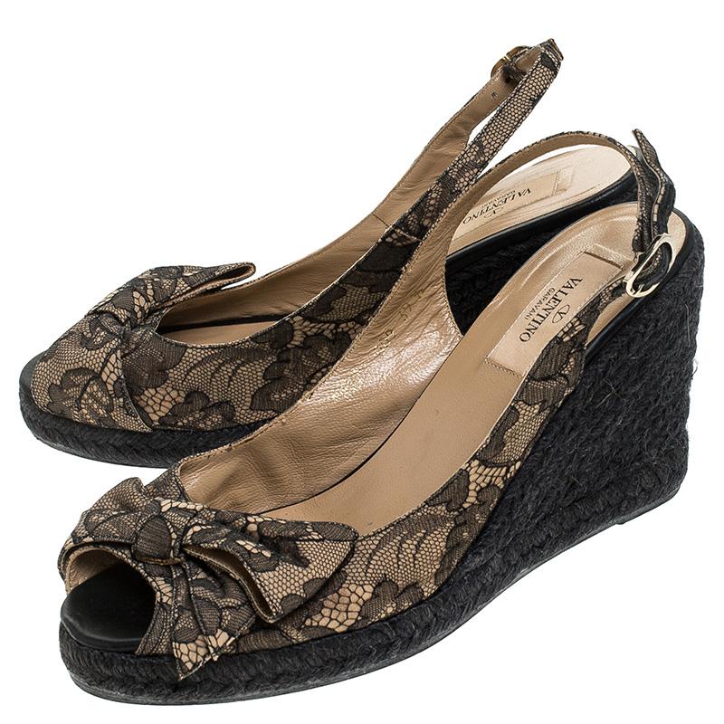 Valentino Black/Beige Lace Bow Slingback Wedge Espadrille Sandals Size 39.5 2