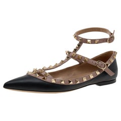 Valentino Black/Beige Leather Rockstud Ankle Strap Ballet Flats Size 36