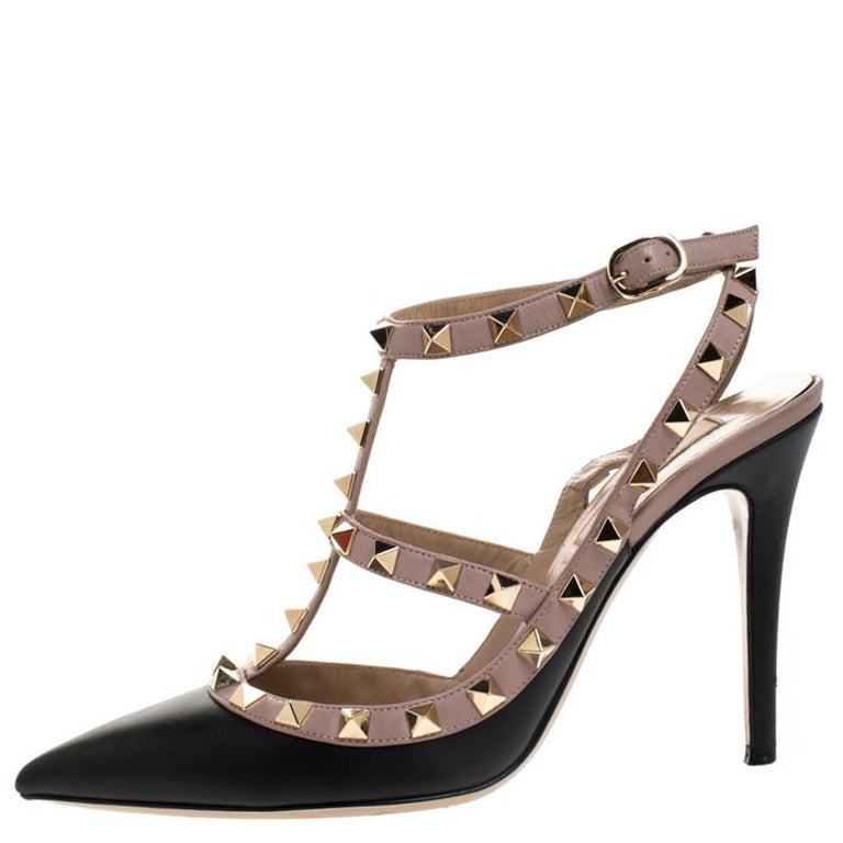 Valentino Black/Beige Leather Rockstud Ankle Strap Sandals Size 37 For ...