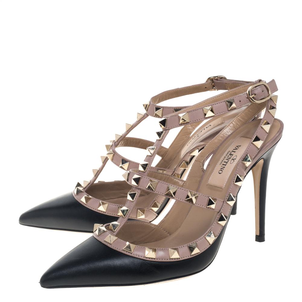 Women's Valentino Black/Beige Leather Rockstud Sandals Size 35.5