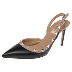 Valentino Black/Beige Leather Rockstud Slingback Sandals Size 38.5