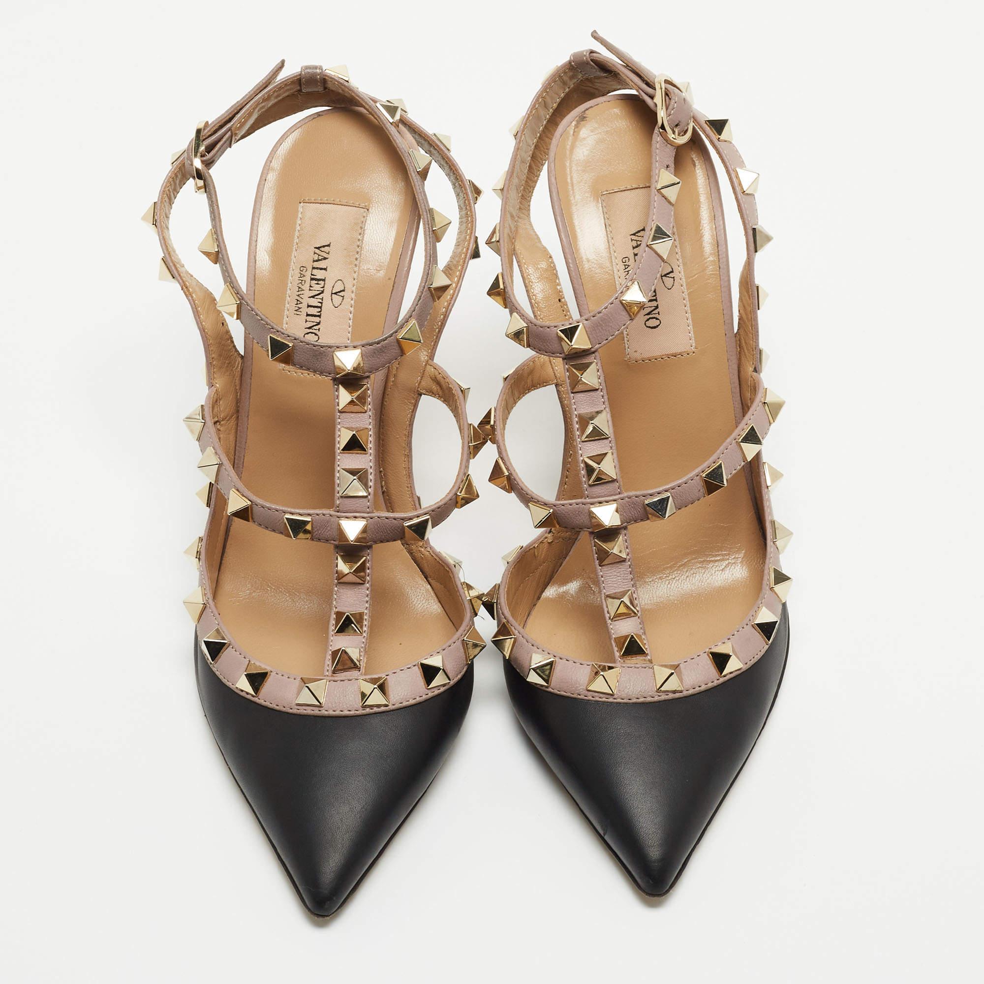 Women's Valentino Black/Beige Leather Rockstud Strappy Pointed Toe Pumps
