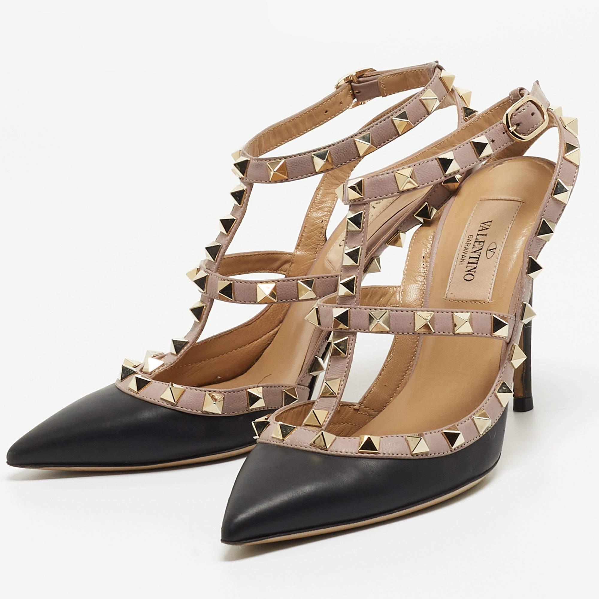 Valentino Black/Beige Leather Rockstud Strappy Pointed Toe Pumps 2