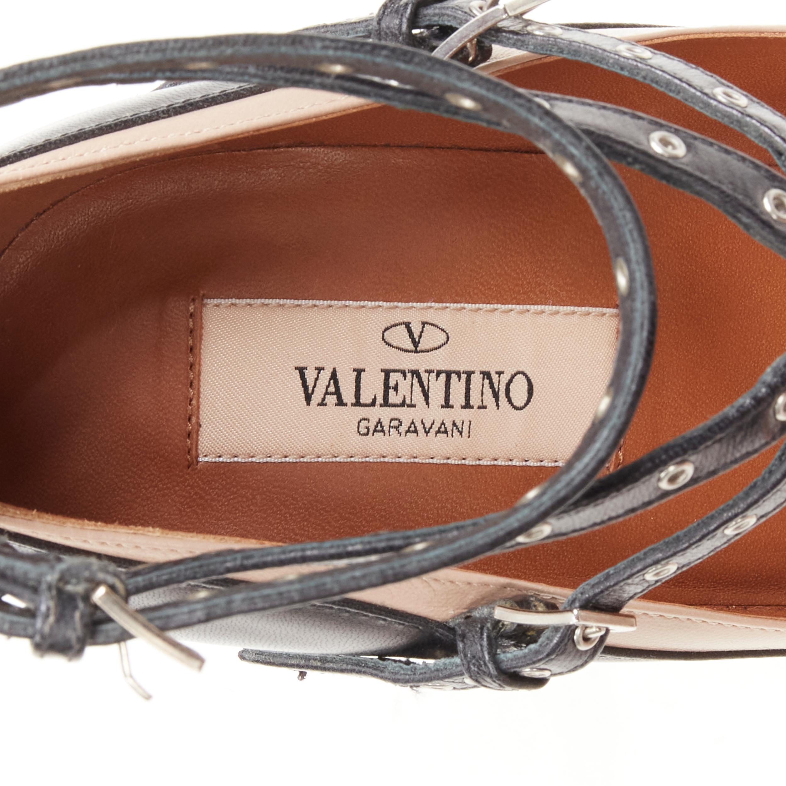 VALENTINO black beige leather silver grommet stud bondage harness pump EU38 For Sale 6