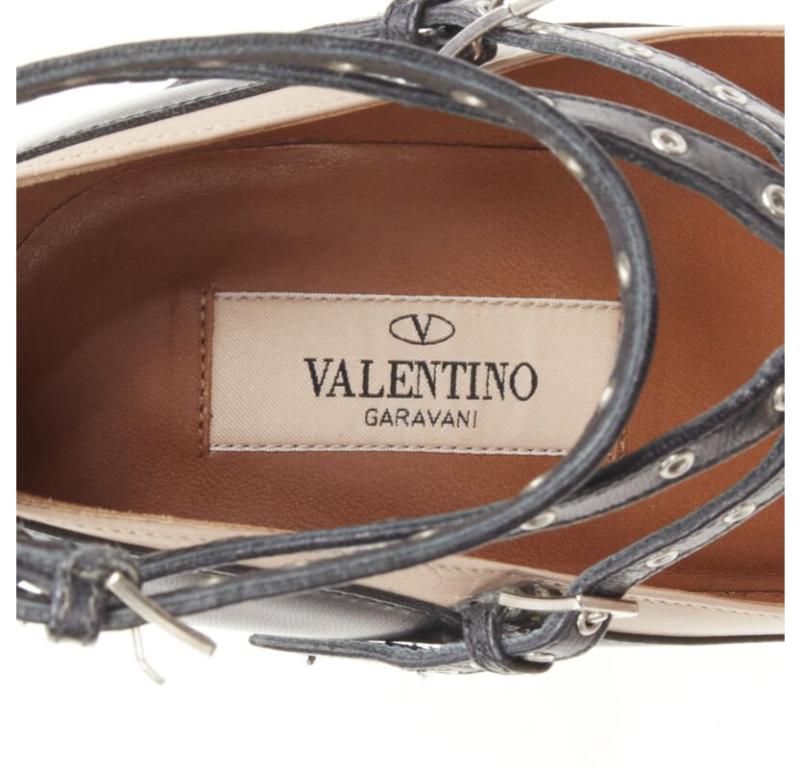 VALENTINO black beige leather silver grommet stud bondage harness pump EU38 For Sale 6