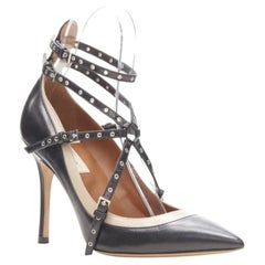 VALENTINO Escarpins bondage en cuir noir et beige avec clous argentés EU38