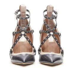 VALENTINO black beige leather silver grommet stud bondage harness pump EU38