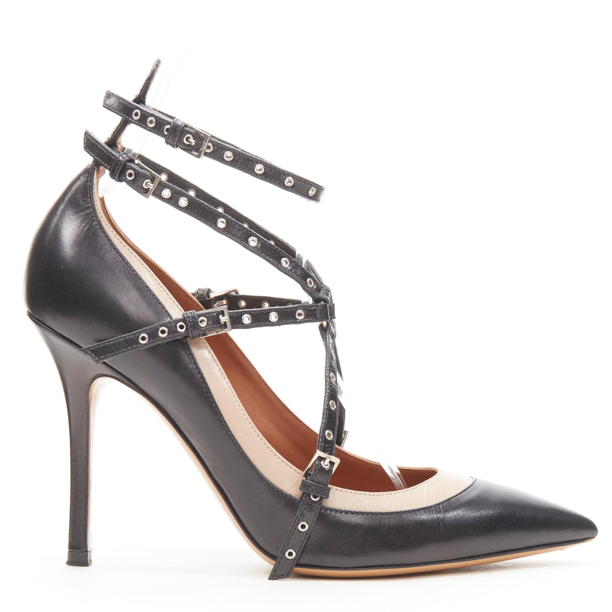 Brown VALENTINO black beige leather silver grommet stud bondage harness pump EU38