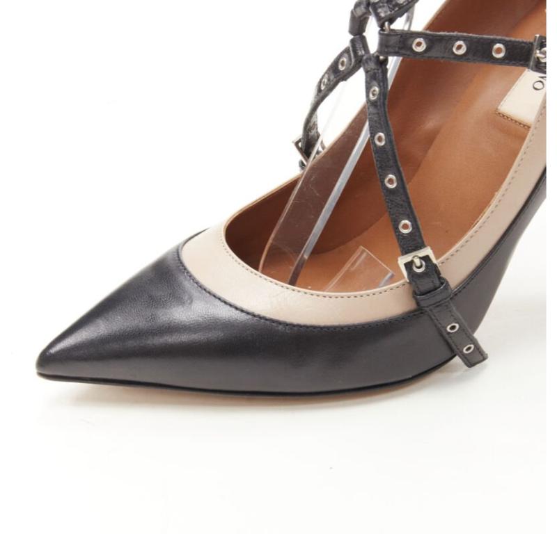 VALENTINO black beige leather silver grommet stud bondage harness pump EU38 For Sale 3