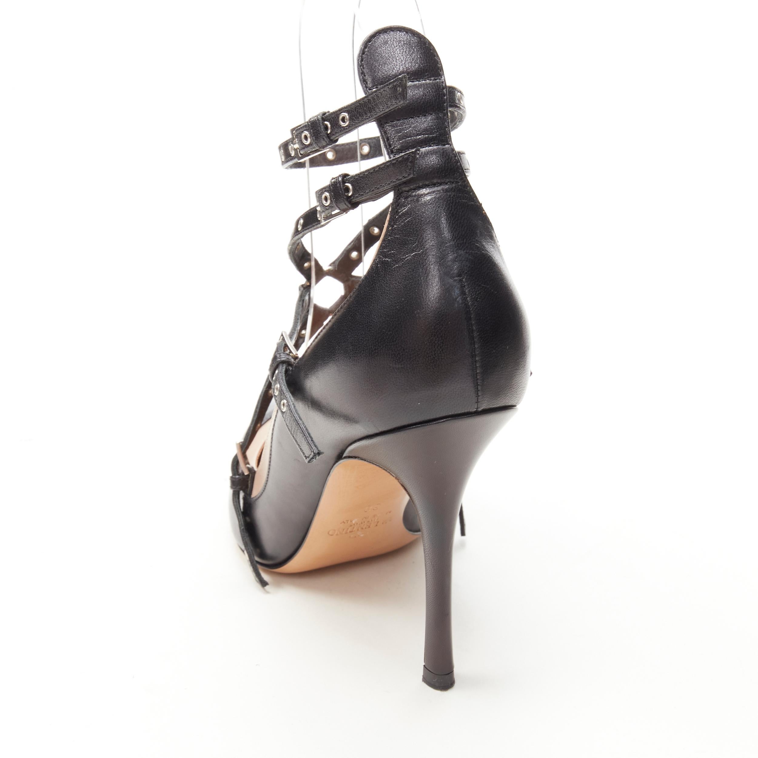 VALENTINO black beige leather silver grommet stud bondage harness pump EU38 For Sale 4