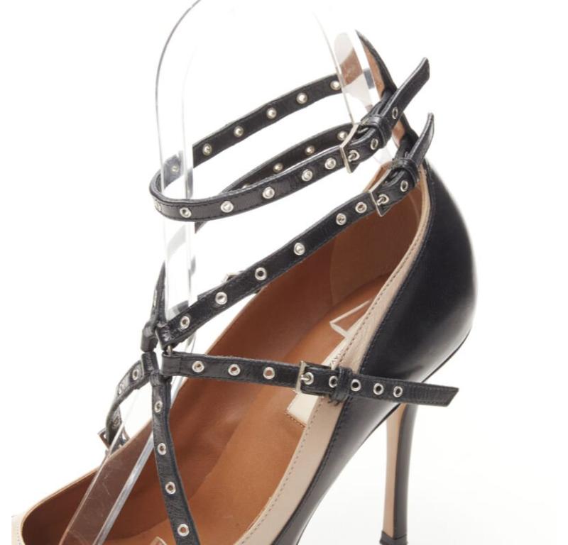 VALENTINO black beige leather silver grommet stud bondage harness pump EU38 For Sale 5