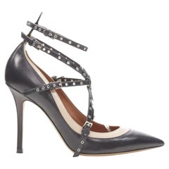 VALENTINO Escarpins bondage en cuir noir et beige avec clous argentés EU38