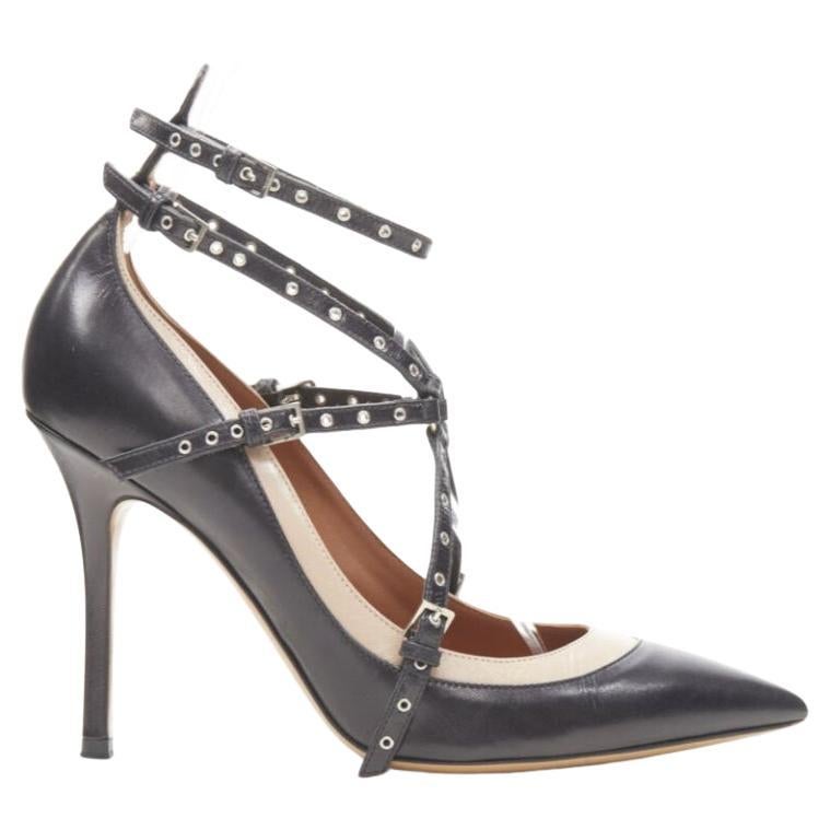 VALENTINO black beige leather silver grommet stud bondage harness pump EU38 For Sale