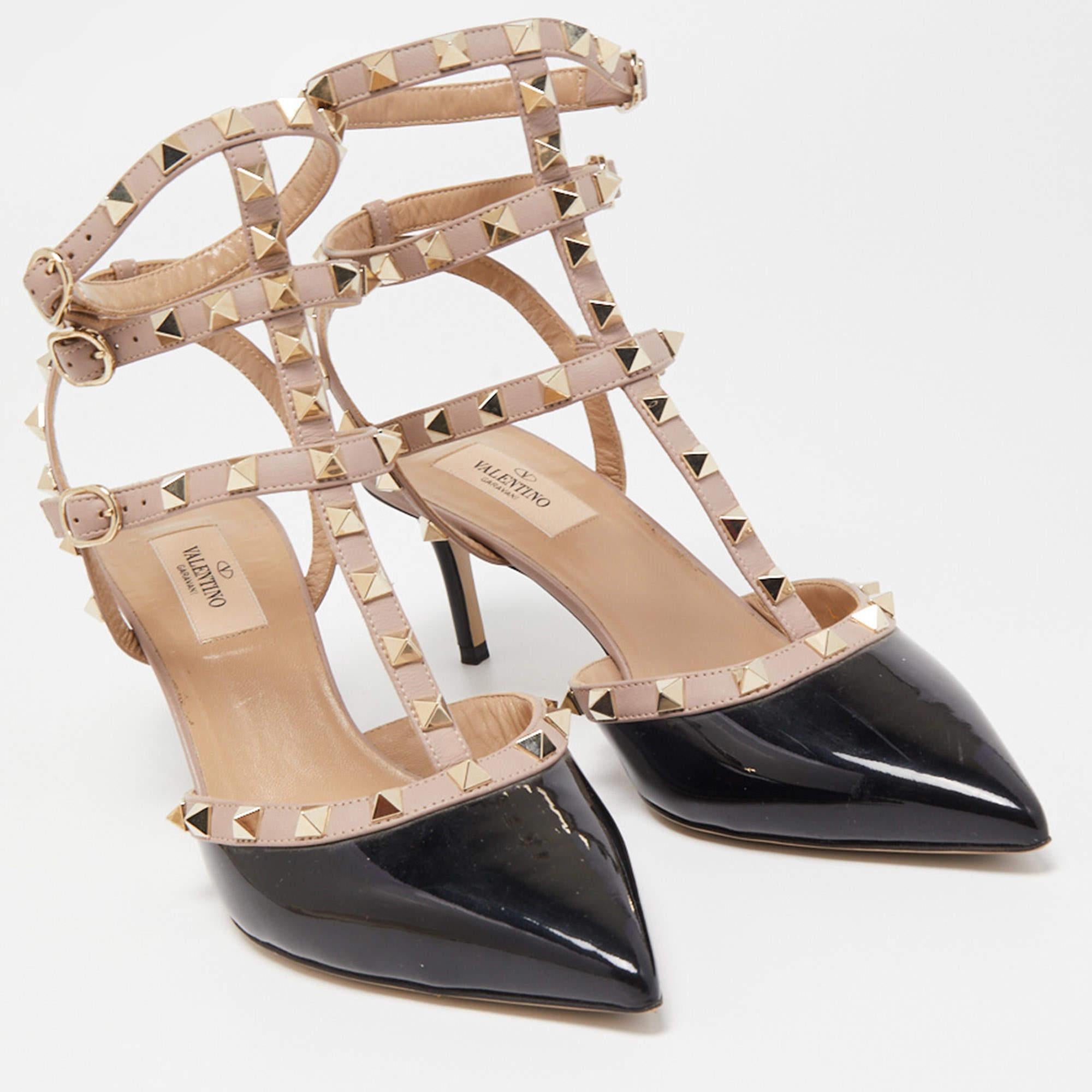 Women's Valentino Black/Beige Patent and Leather Rockstud Caged Sandals
