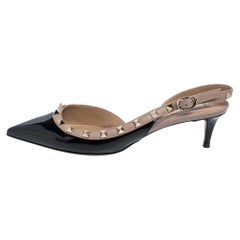 Valentino Black/Beige Patent And Leather Rockstud Slingback Sandals Size 38