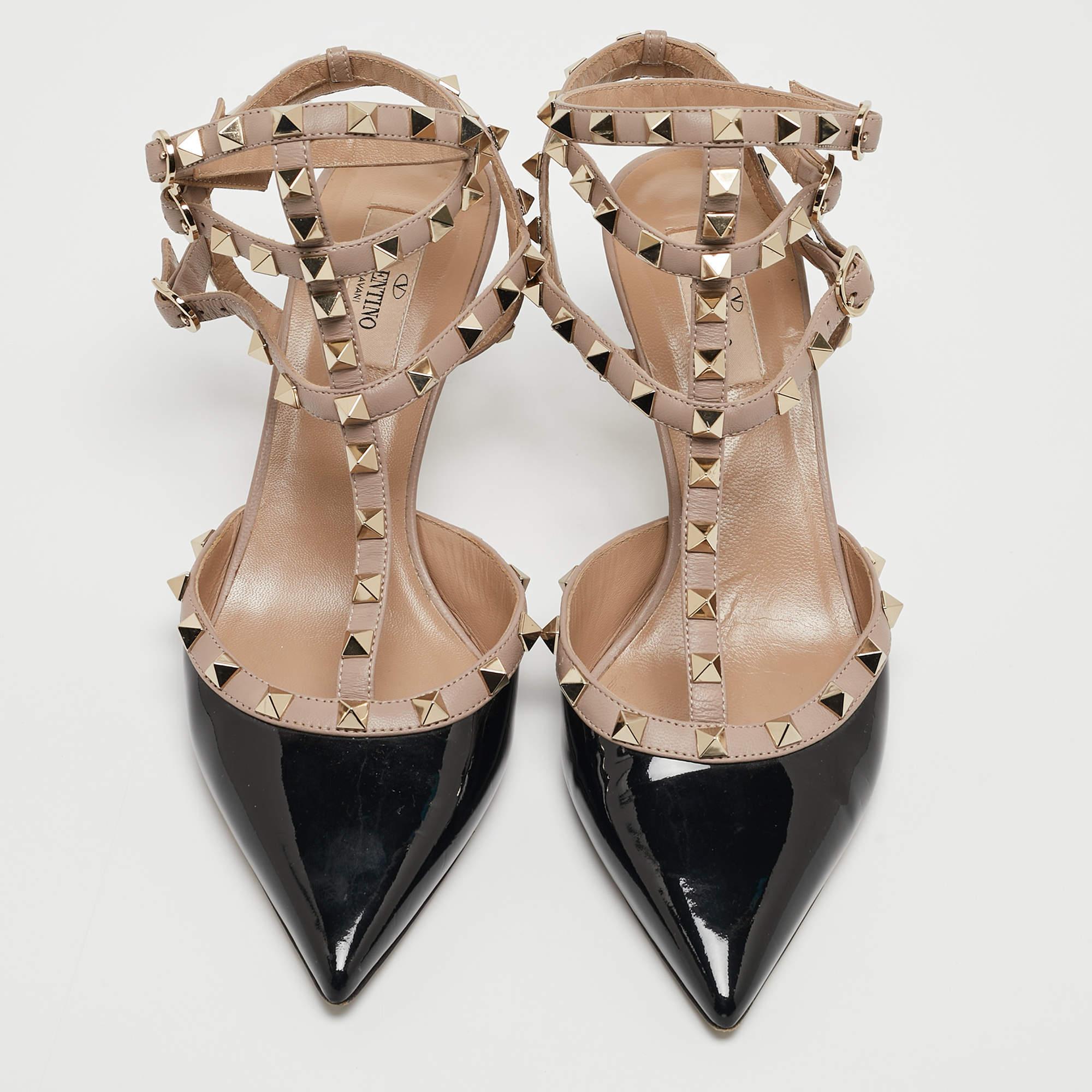 Women's Valentino Black/Beige Patent Rockstud Ankle Strap Pumps Size 40