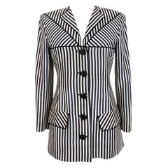 Vintage Valentino Black Beige Shantung Silk Striped Jacket