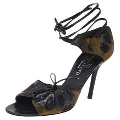 Valentino Black/Brown Fabric And Leather Ankle Tie Up Sandals Size 38