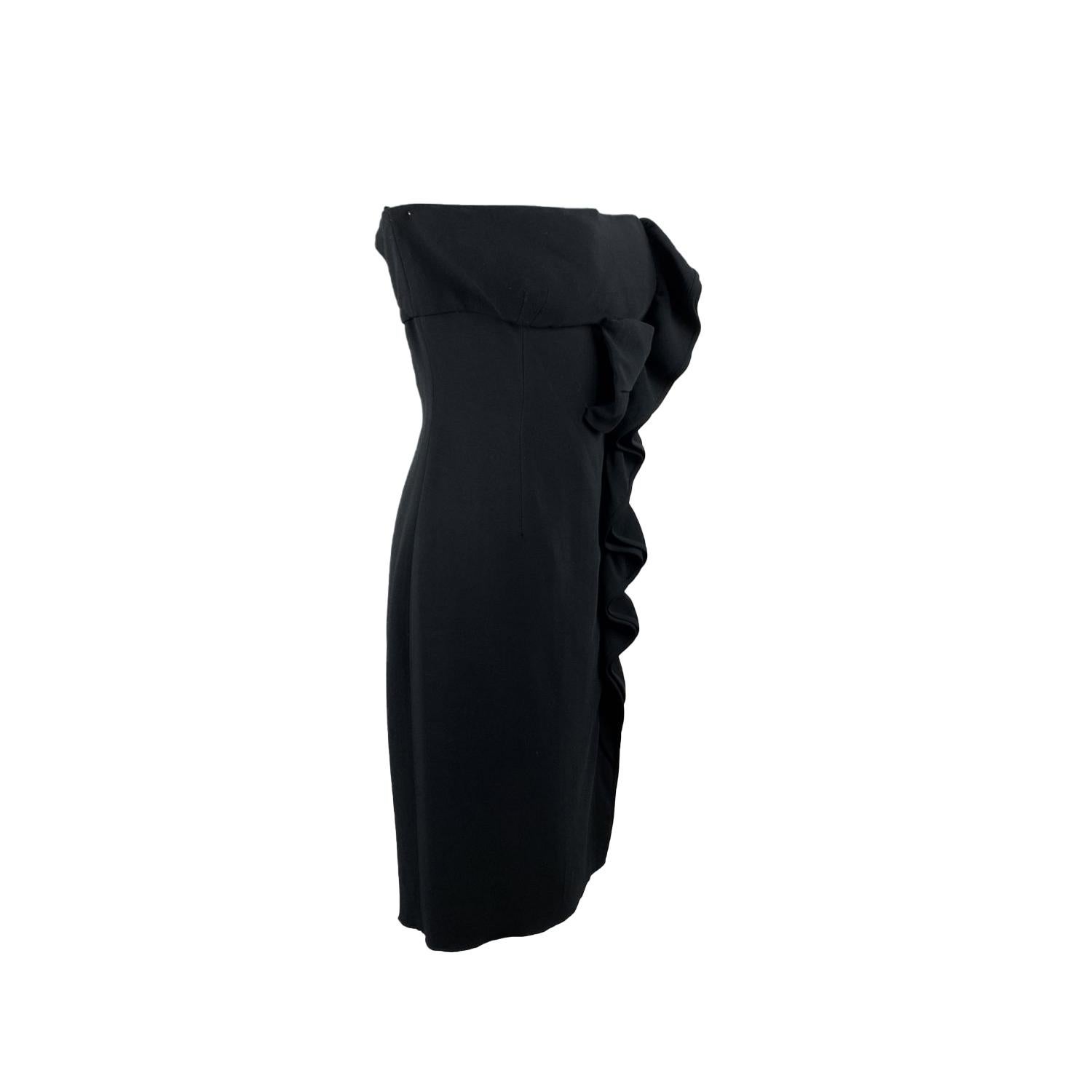 Valentino black bustier dress. Elegant strapless little black dress. Straight neckline. Side ruffles detailing. Side zip closure. Composition tag is missing; it is a very smooth fabric, it seems to be viscose. Size is not indicated; estimated size
