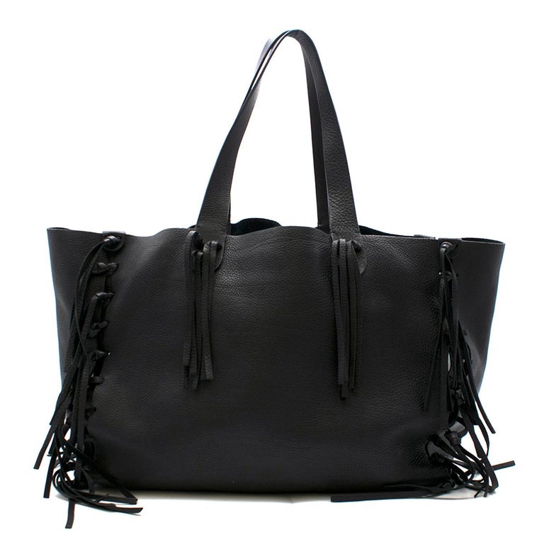 Valentino Garavani The Rope Large Fringe Black Leather Tote Bag