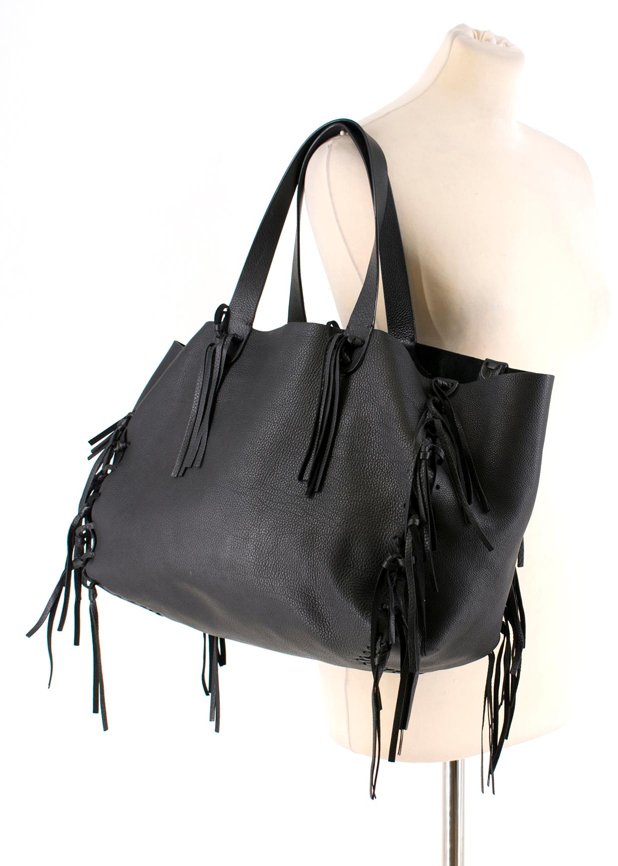 Valentino Black C-Rockee Fringe Leather Tote Bag 1