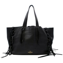 Valentino Black C-Rockee Fringe Leather Tote Bag
