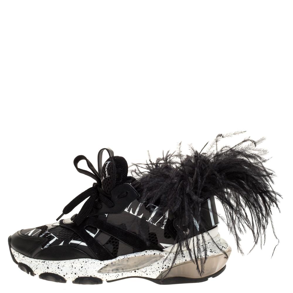 Valentino Black Camouflage Leather and Mesh Feather Bounce Sneakers Size 40