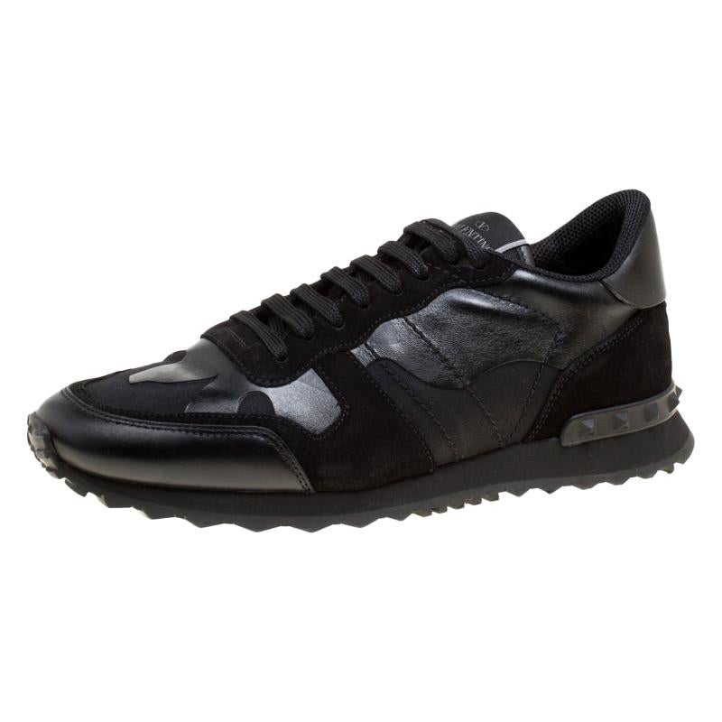 Valentino Black Camouflage Leather and Suede Rockrunner Sneakers Size ...