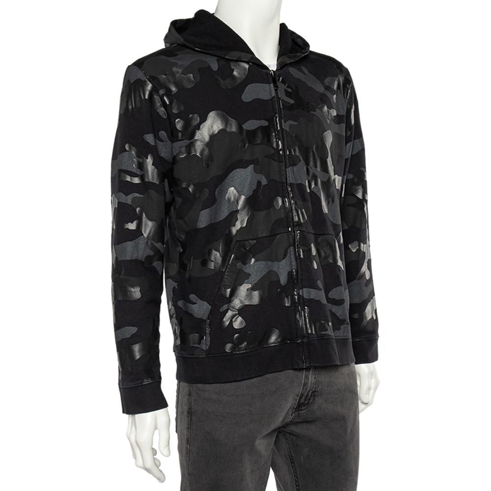 Noir Valentino - Sweat-shirt à capuche en coton imprimé camouflage noir avec fermeture éclair L en vente