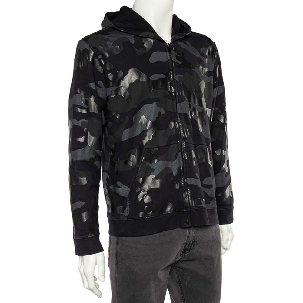 Valentino Black Camouflage Print Cotton Zip Up Hooded Sweatshirt L In Good Condition For Sale In Dubai, Al Qouz 2