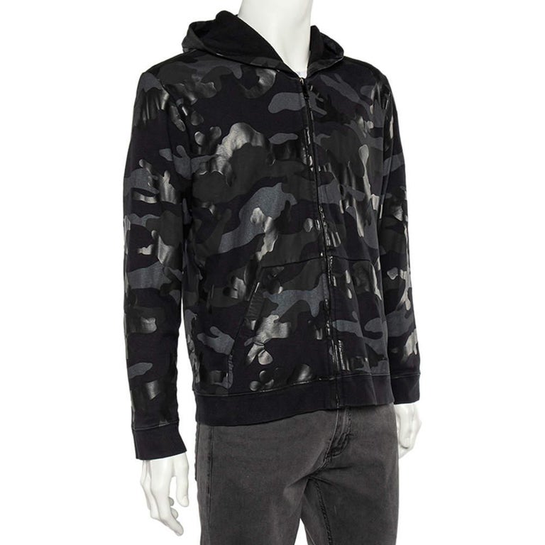 Valentino Black Camouflage Print Cotton Zip Up Hooded Sweatshirt L For ...