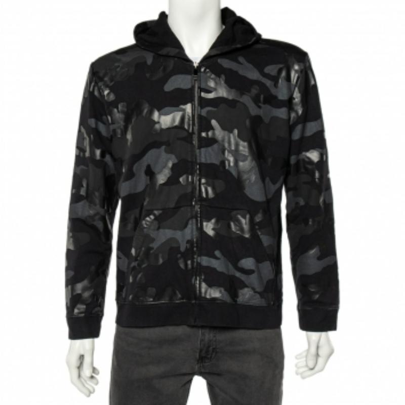 Valentino Black Camouflage Print Cotton Zip Up Hooded Sweatshirt L