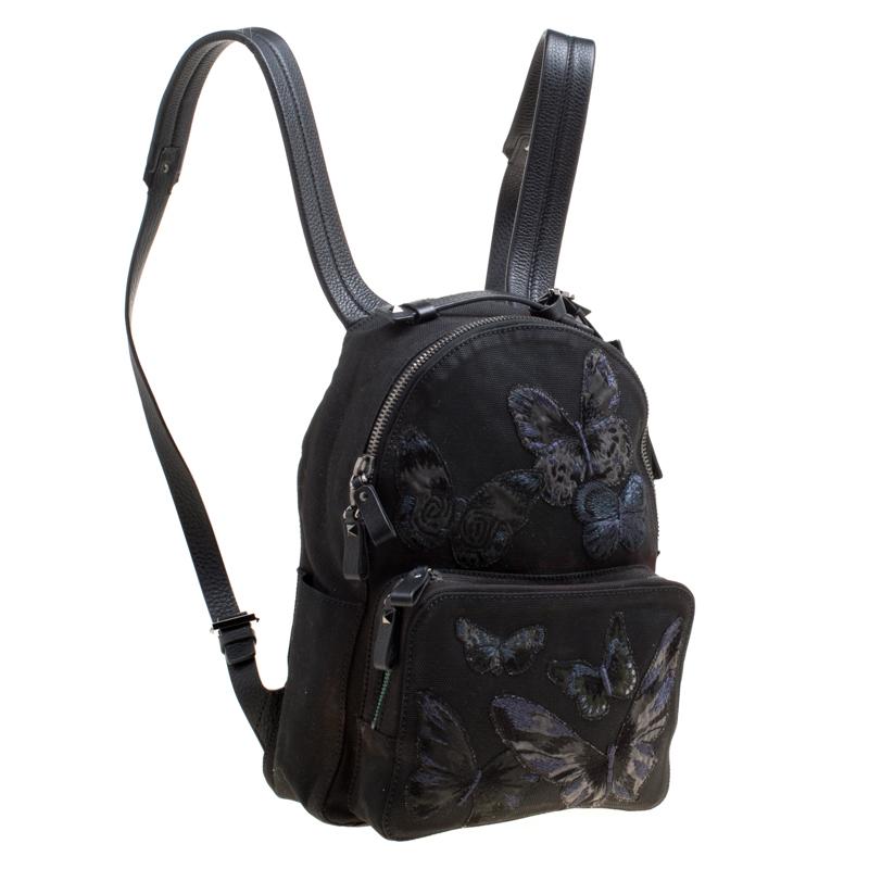 Valentino Black Canvas Embroidered Butterfly Backpack In Good Condition In Dubai, Al Qouz 2