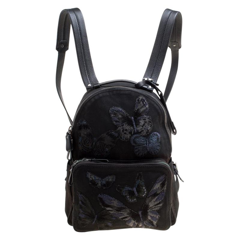 Valentino Black Canvas Embroidered Butterfly Backpack