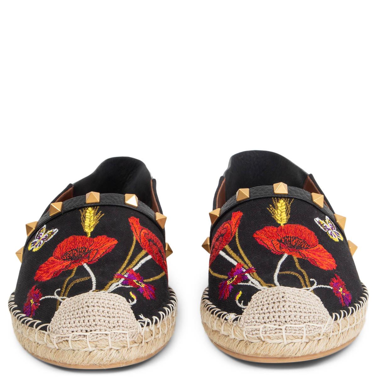 100% authentic Valentino flower and butterfly embroidered slip-on espadrilles in black canvas and leather embellished with gold-tone studs. Have been worn once or twice and are in excellent condition. Come with dust bag. 

Measurements
Imprinted