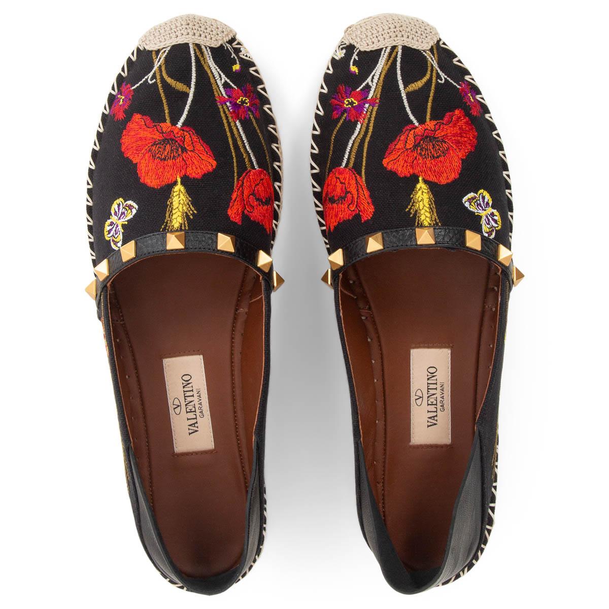 Women's VALENTINO black canvas FLORAL EMBROIDERED ROCKSTUD Espadrilles Shoes 40