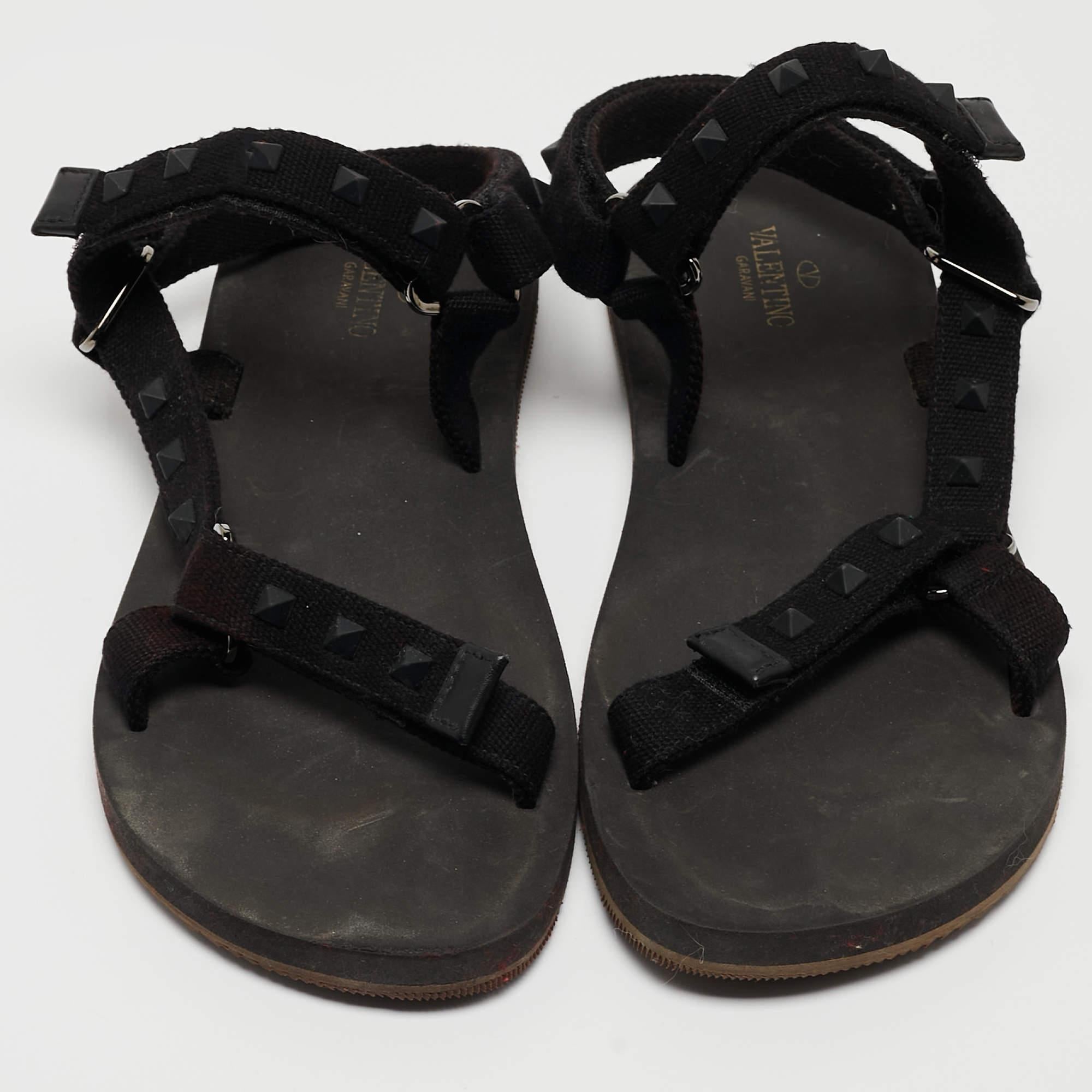 Valentino Black Canvas Rockstud Strappy Sandals Size 43 For Sale 1