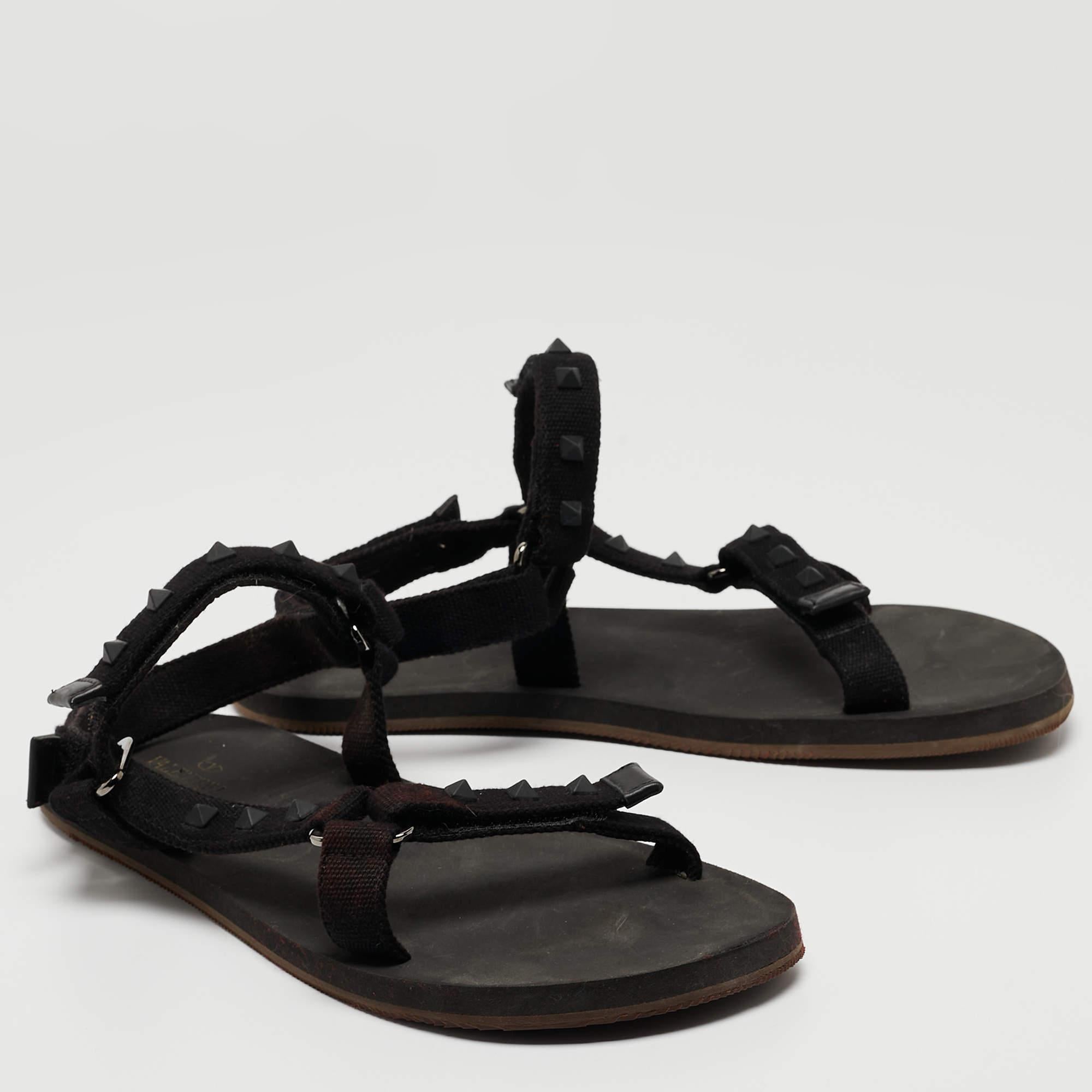 Valentino Black Canvas Rockstud Strappy Sandals Size 43 For Sale 2