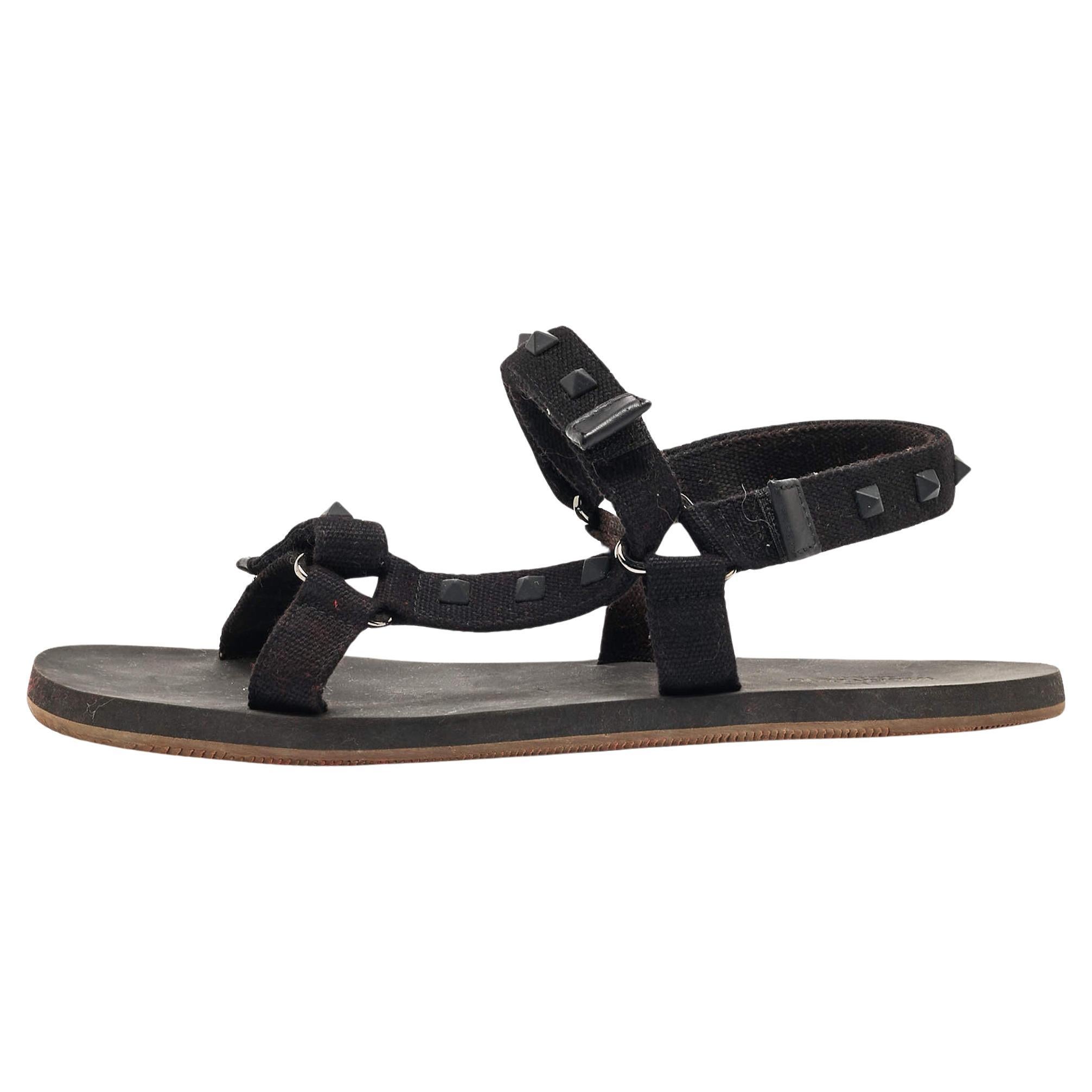 Valentino Black Canvas Rockstud Strappy Sandals Size 43 For Sale