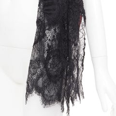 VALENTINO black cashmere bend pleated delicate floral lace trim long scarf