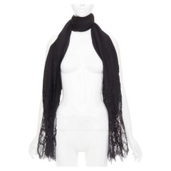 VALENTINO black cashmere bend pleated delicate floral lace trim long scarf