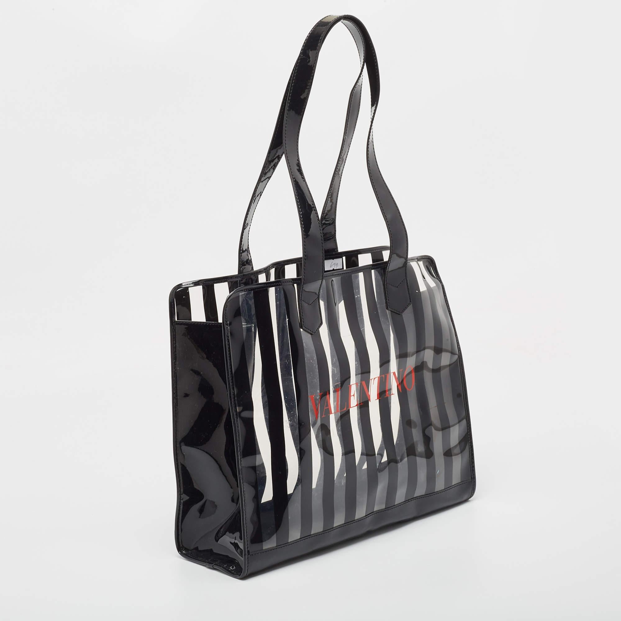 Women's Valentino Black/Clear PVC and Patent Leather Striped Tote