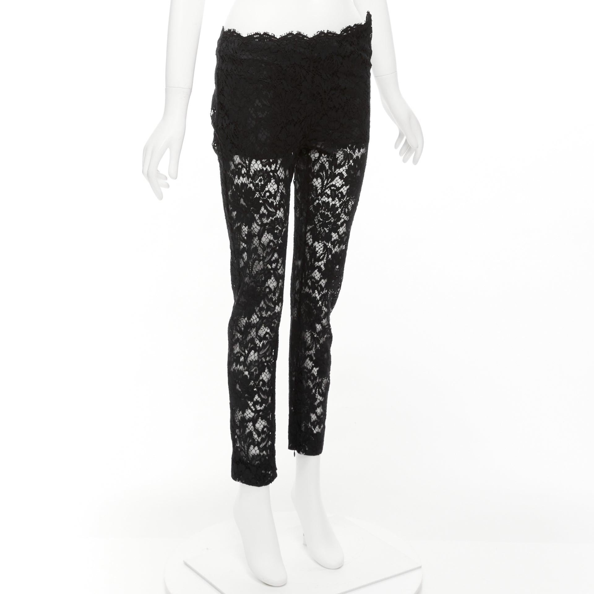 Black VALENTINO black cotton blend floral lace overlay sheer cropped pants IT38 XS