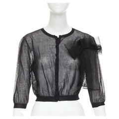 VALENTINO black cotton blend sheer knit oversized lace bow crop cardigan M