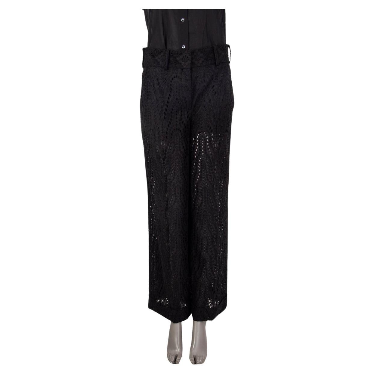 VALENTINO black cotton BRODERIE ANGLAISE WIDE LEG Pants 40 S For Sale